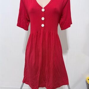Red V-Neck Dress with Buttons